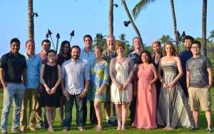 Figure 5. Dr. Jason Moore’s lab, past and present, at PSB 2016. Jason is in the middle lined up with a coconut tree. 