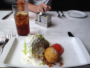 Figure 3. Club Isabella wedge salad. Iceburg lettuce, deep fried egg, smoked bacon, tomato, and bleu cheese dressing. ‘Cause I am trying to be healthy.