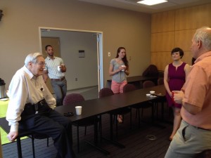 Figure 4. Department of Epidemiology and Biostatistics coffee break (June 11, 2015). Left right: Robert Elston, Farren Briggs, Sarah Laper, Jessica Cooke Bailey, and Jonathan Haines.