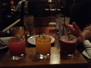 Figure 4. A margarita sampler (left to right): pomegranate, spicy mango, and hibiscus flower.