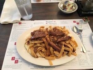 Figure 7.  An Amish favorite, according to the menu:  noodles over mashed potatoes topped with beef gravy (January 2016).