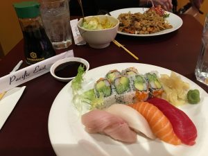 Figure. Lunch at Pacific East at Eton Chagrin Boulevard. The sushi lunch special (foreground) and the yaki soba (background).