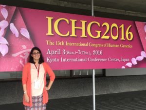 Figure 2. Dana Crawford, PhD, at the Kyoto International Conference Center on the first day of ICHG 2016 (Japan).