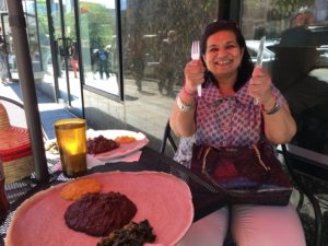 Figure 2. Sudha Iyengar was super excited about the MVP and the Ethiopian restaurant we found nearby for lunch.