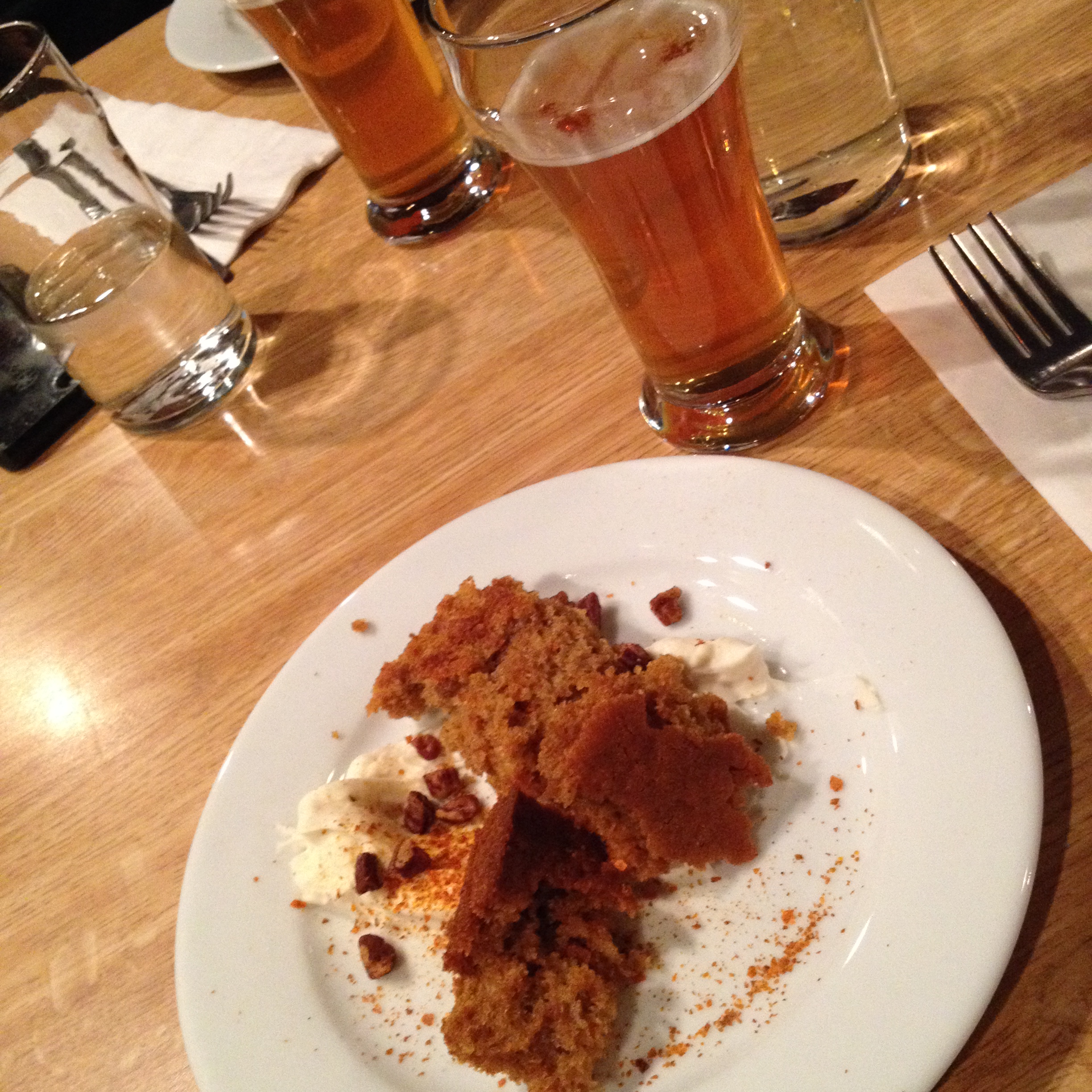 Figure 5. The final course was carrot cake, cream cheese panna cotta, carrot powder, spiced pecans paired with Hubris (extreme hoppy).